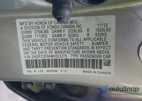 2021 Honda Civic Sport z USA, uszkodzony, nr VIN 2HGFC2F84MH523275